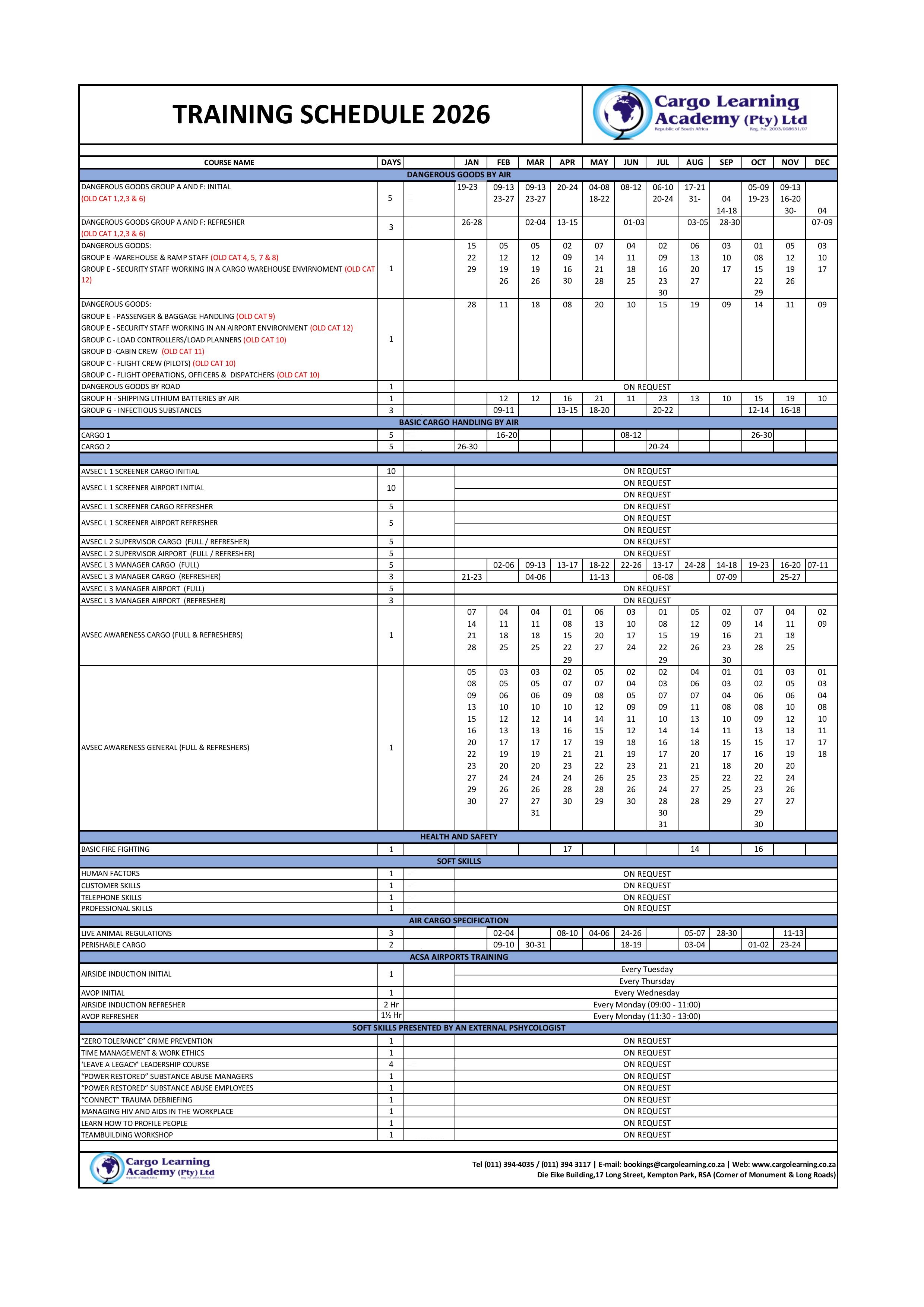 2025 training Schedule
